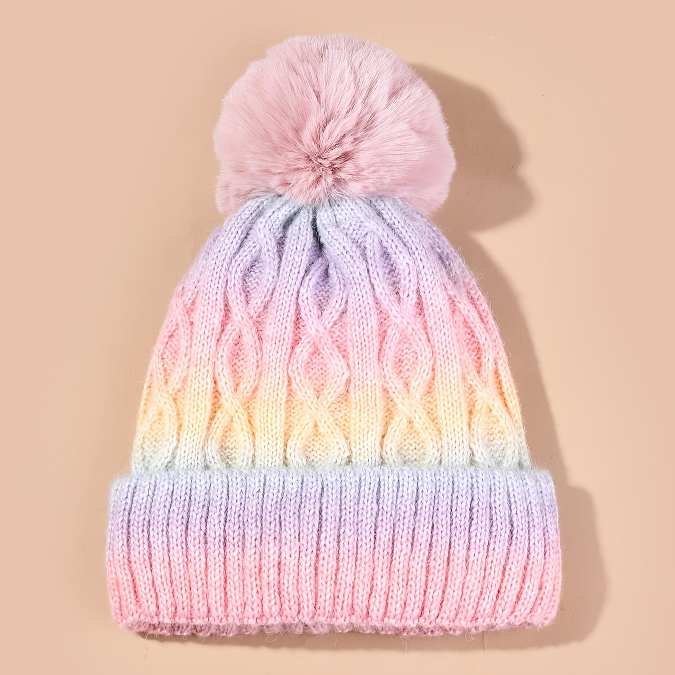 Bonnet Lana Arc-en-Ciel pour Filles - Chapeau Tricoté avec Pompon et Matériau Épais pour l'Hiver