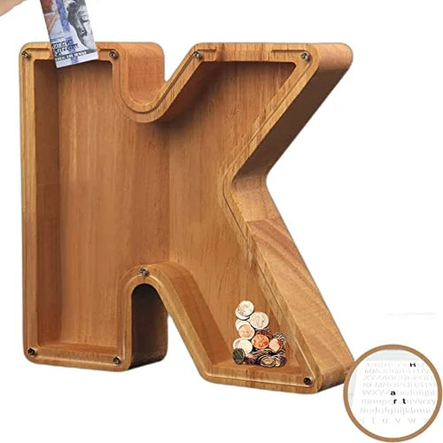 Tirelire TreasureNest | Tirelire en bois personnalisée avec des motifs de lettres de l'alphabet