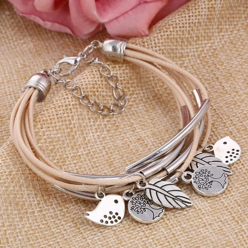 Bracelet en cuir naturel multicouche