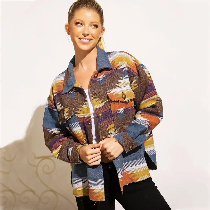 Veste en Jean Vintage Aztec avec Col – Doublée en Laine, Coupe Ample, Manches Longues pour un Style Streetwear Tendance