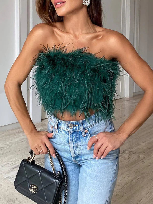 Top Bandeau Boho avec Détails en Plumes – Luna