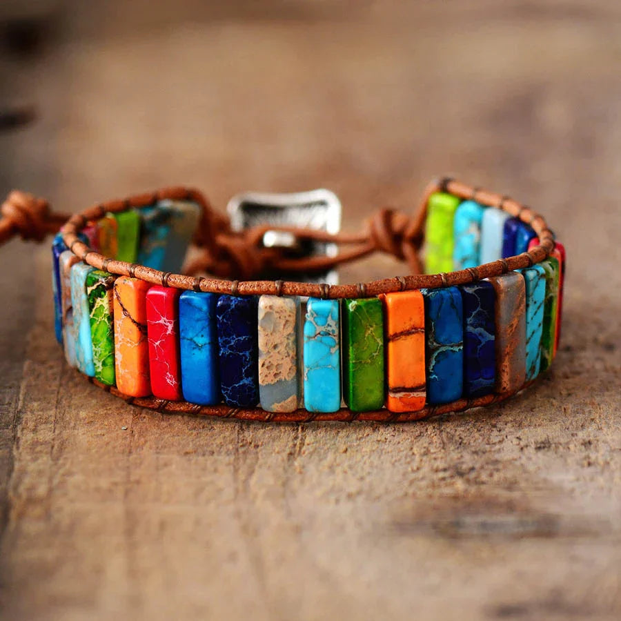 Voyage Mystique – Bracelet en pierres de jaspe arc-en-ciel tibétain