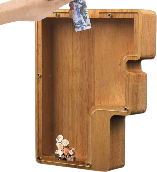 Tirelire TreasureNest | Tirelire en bois personnalisée avec des motifs de lettres de l'alphabet