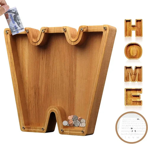 Tirelire TreasureNest | Tirelire en bois personnalisée avec des motifs de lettres de l'alphabet