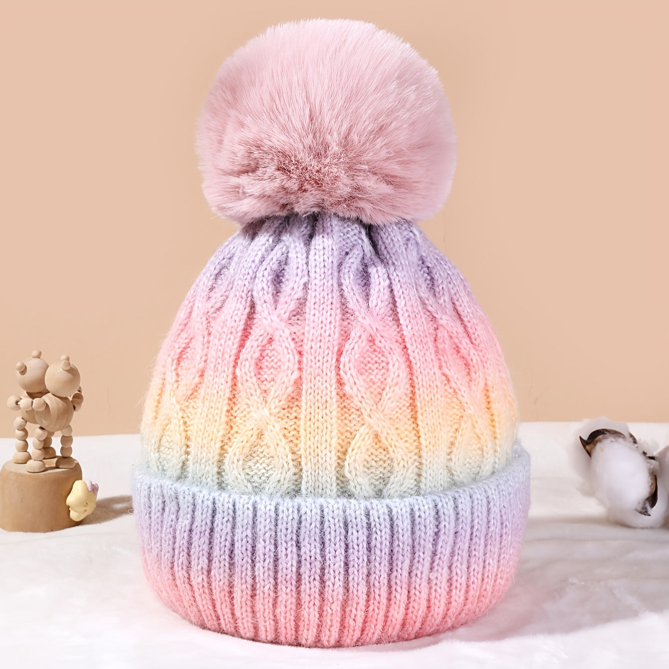 Bonnet Lana Arc-en-Ciel pour Filles - Chapeau Tricoté avec Pompon et Matériau Épais pour l'Hiver