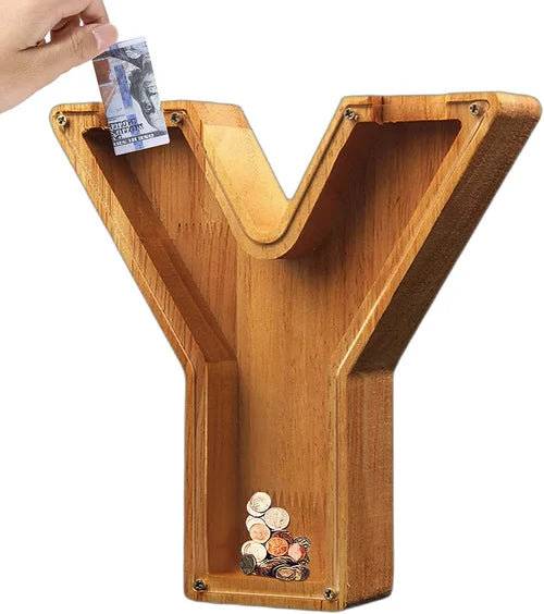 Tirelire TreasureNest | Tirelire en bois personnalisée avec des motifs de lettres de l'alphabet