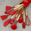 SilkChef Ensemble d'Ustensiles en Silicone de Luxe | Ustensiles de cuisine antiadhésifs et sécurisés avec manches en bois, modernes et lavables