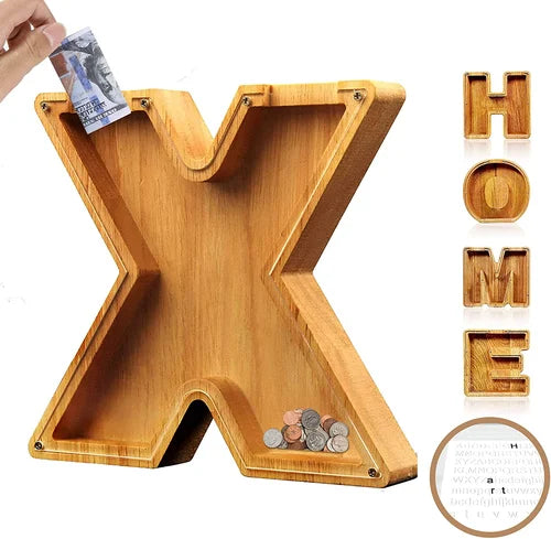 Tirelire TreasureNest | Tirelire en bois personnalisée avec des motifs de lettres de l'alphabet