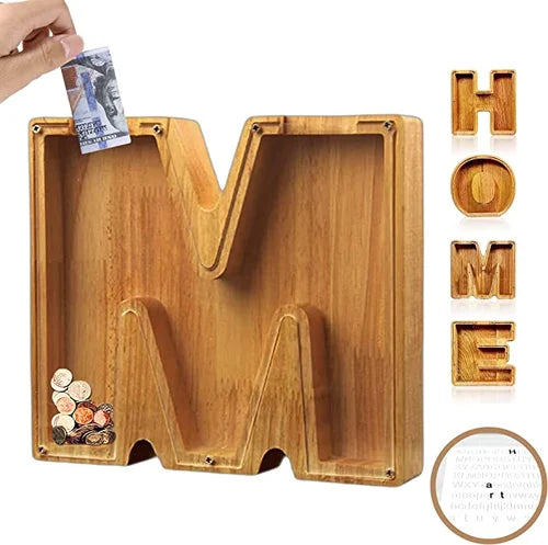 Tirelire TreasureNest | Tirelire en bois personnalisée avec des motifs de lettres de l'alphabet