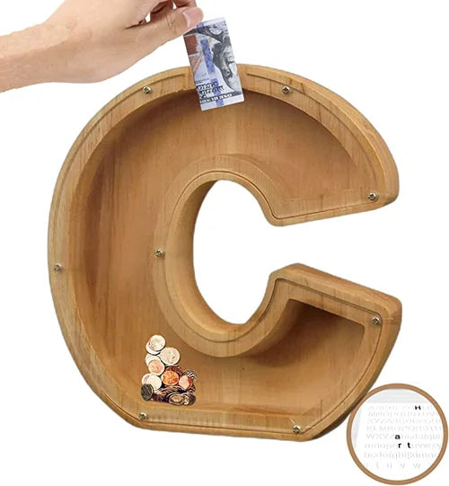 Tirelire TreasureNest | Tirelire en bois personnalisée avec des motifs de lettres de l'alphabet