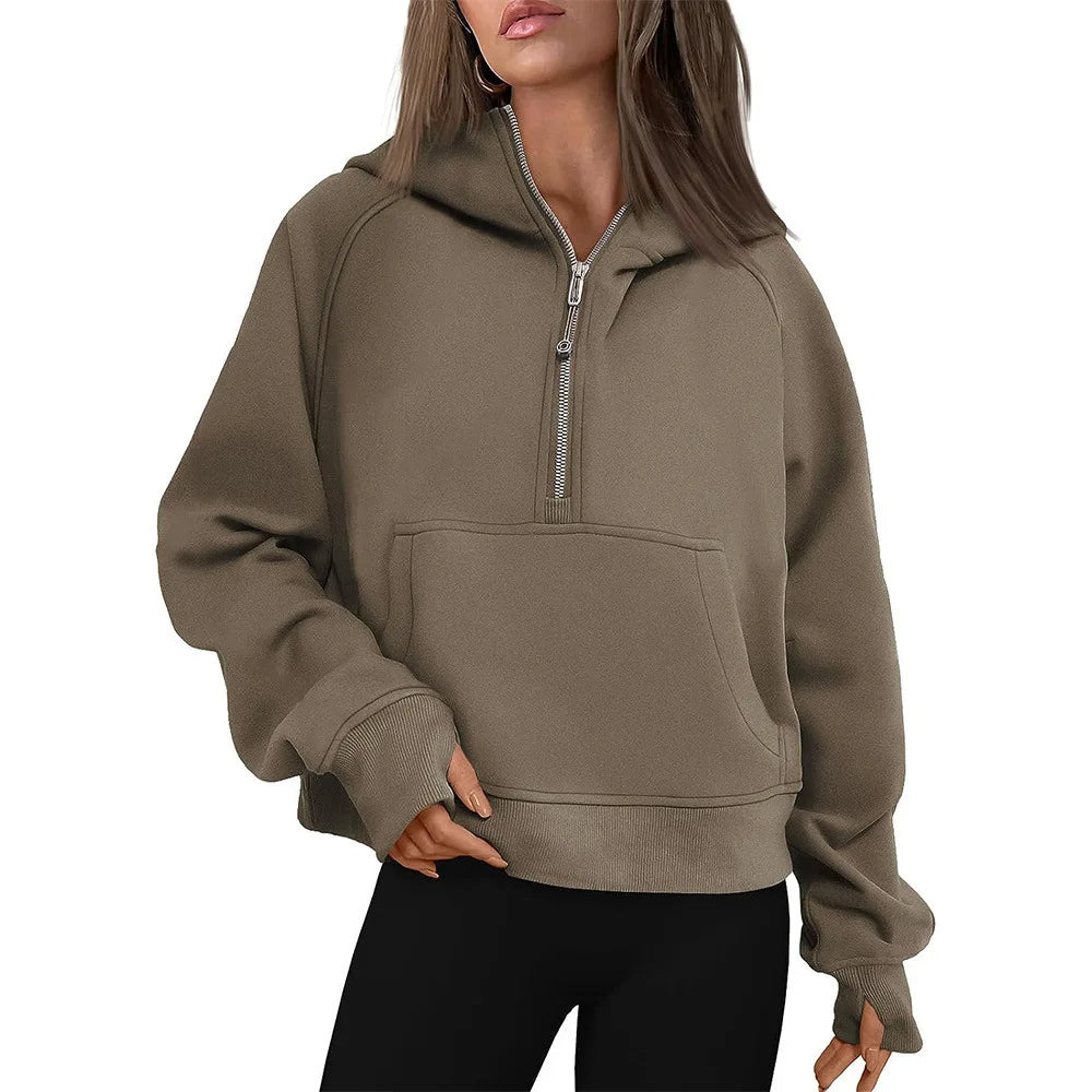 Sweat à Capuche Fleece à Demi-Zip – Pull Élégant pour Femmes pour des Tenues Confortables d'Automne/Hiver et des Couches de Streetwear