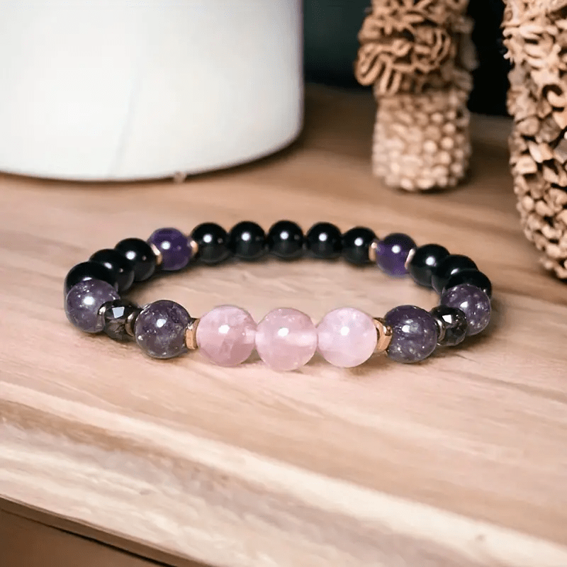 Bracelet en perles de quartz rose, obsidienne et améthyste de 8 mm - Aurora