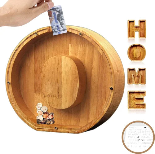 Tirelire TreasureNest | Tirelire en bois personnalisée avec des motifs de lettres de l'alphabet