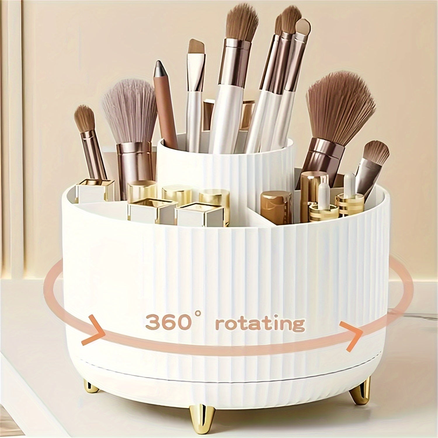 GlamourNest Organisateur de Maquillage Rotatif 360° | Rangement cosmétique élégant avec 5 compartiments pour pinceaux, rouges à lèvres et essentiels de soins de la peau