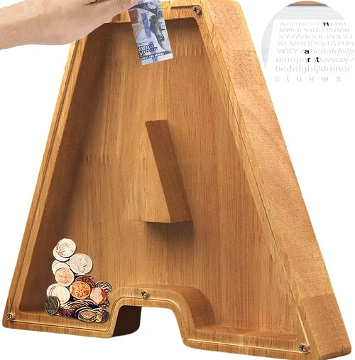 Tirelire TreasureNest | Tirelire en bois personnalisée avec des motifs de lettres de l'alphabet
