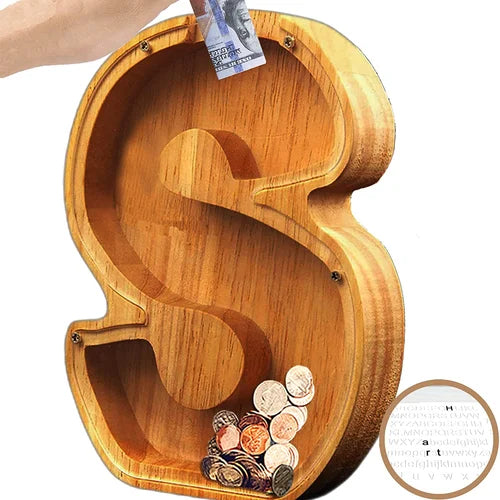 Tirelire TreasureNest | Tirelire en bois personnalisée avec des motifs de lettres de l'alphabet