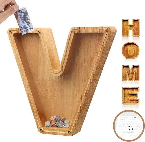 Tirelire TreasureNest | Tirelire en bois personnalisée avec des motifs de lettres de l'alphabet