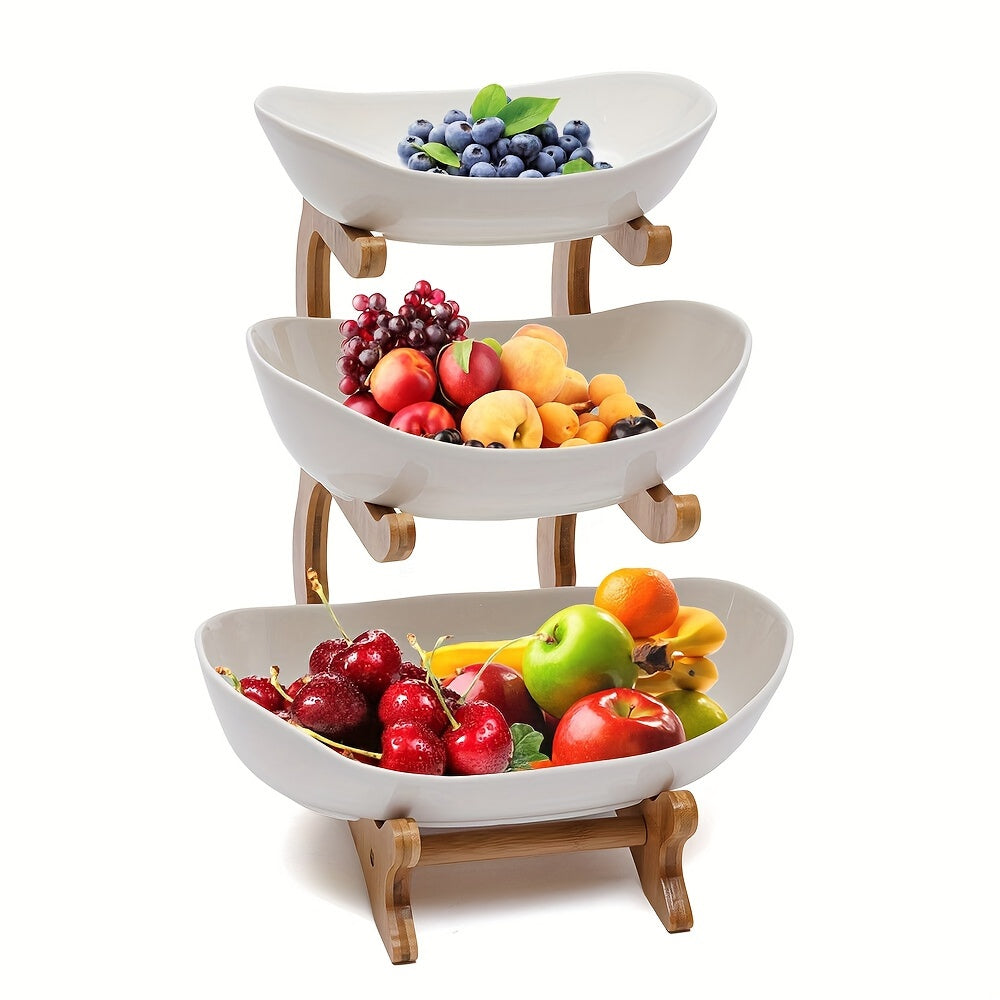 ArtisanÉlégance Panier à Fruits et Légumes en Bois à 3 Niveaux | Présentation raffinée avec plateaux en céramique blanche pour sublimer votre cuisine