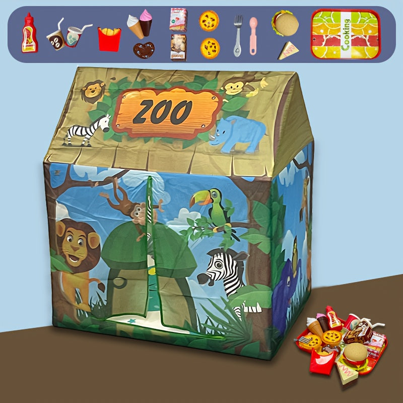 Tente de Jeu Safari Jungle - Maison de Jeu Thème Animaux avec Jouets de Pack Burger