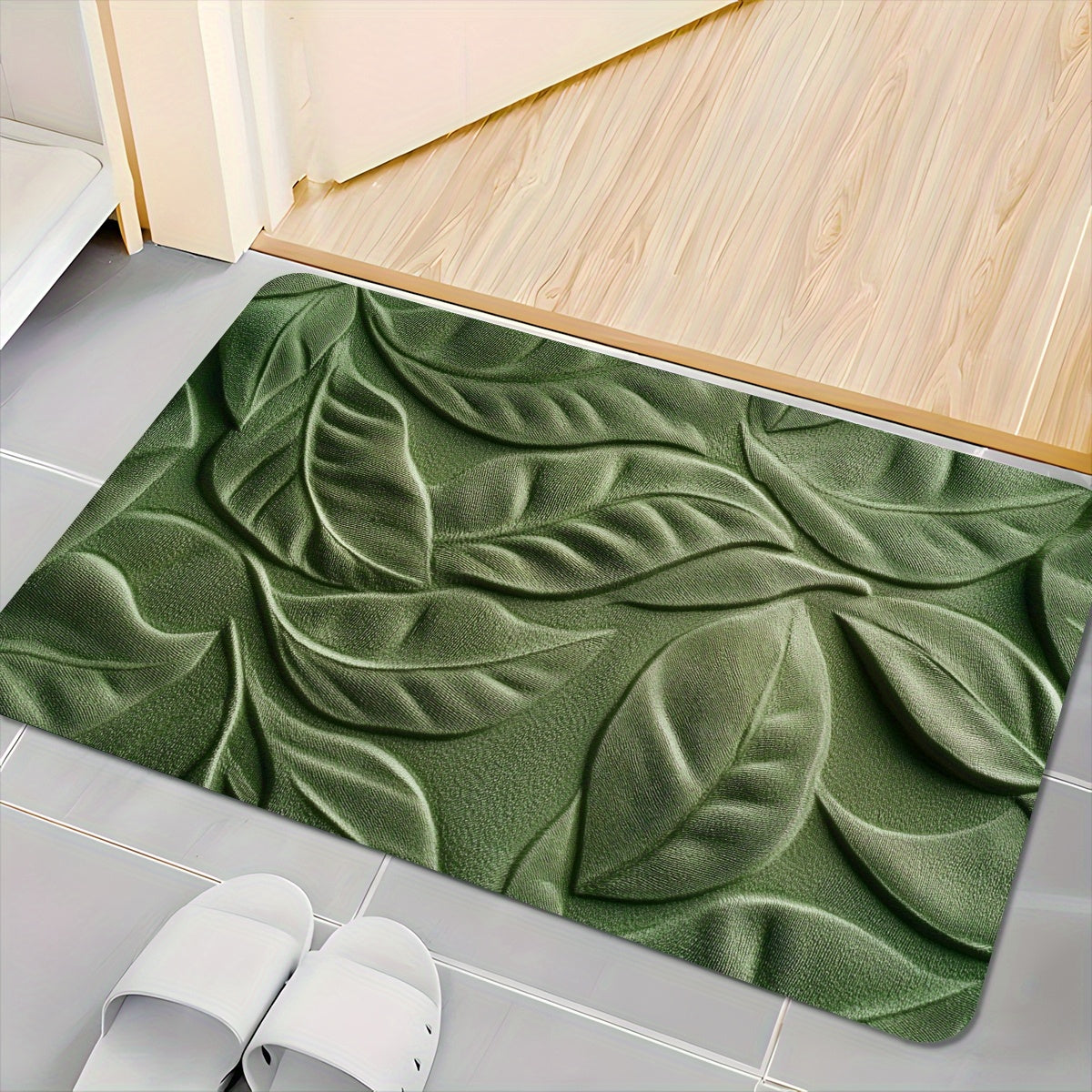 Tapis de Bain en Terre de Diatomée avec Motif de Feuilles Vertes – Absorbant et Sèche Rapidement