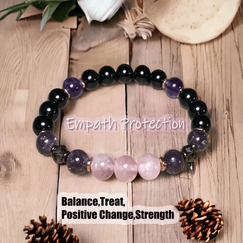Bracelet en perles de quartz rose, obsidienne et améthyste de 8 mm - Aurora