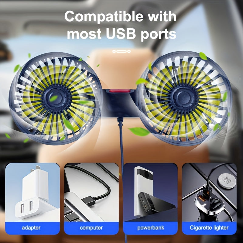 Ventilateur de Voiture Portable Double – 5 Lames Rotatif à 360° Ultra-Silencieux