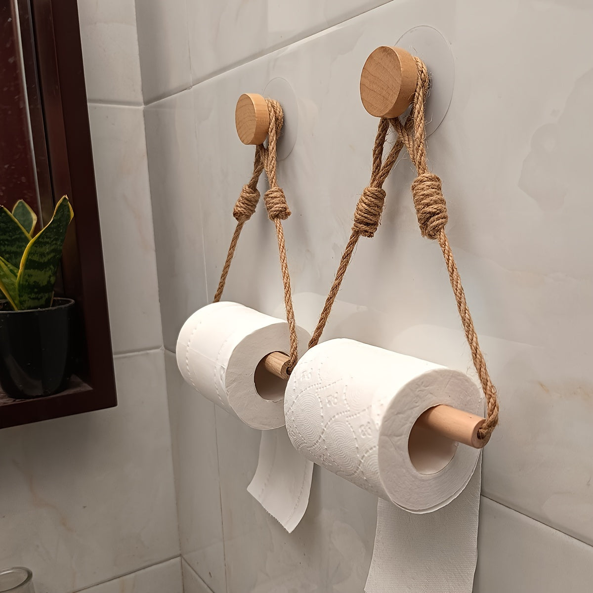 Support à Papier Toilette Rustique – Corde Macramé et Bâton en Bois pour Salle de Bain