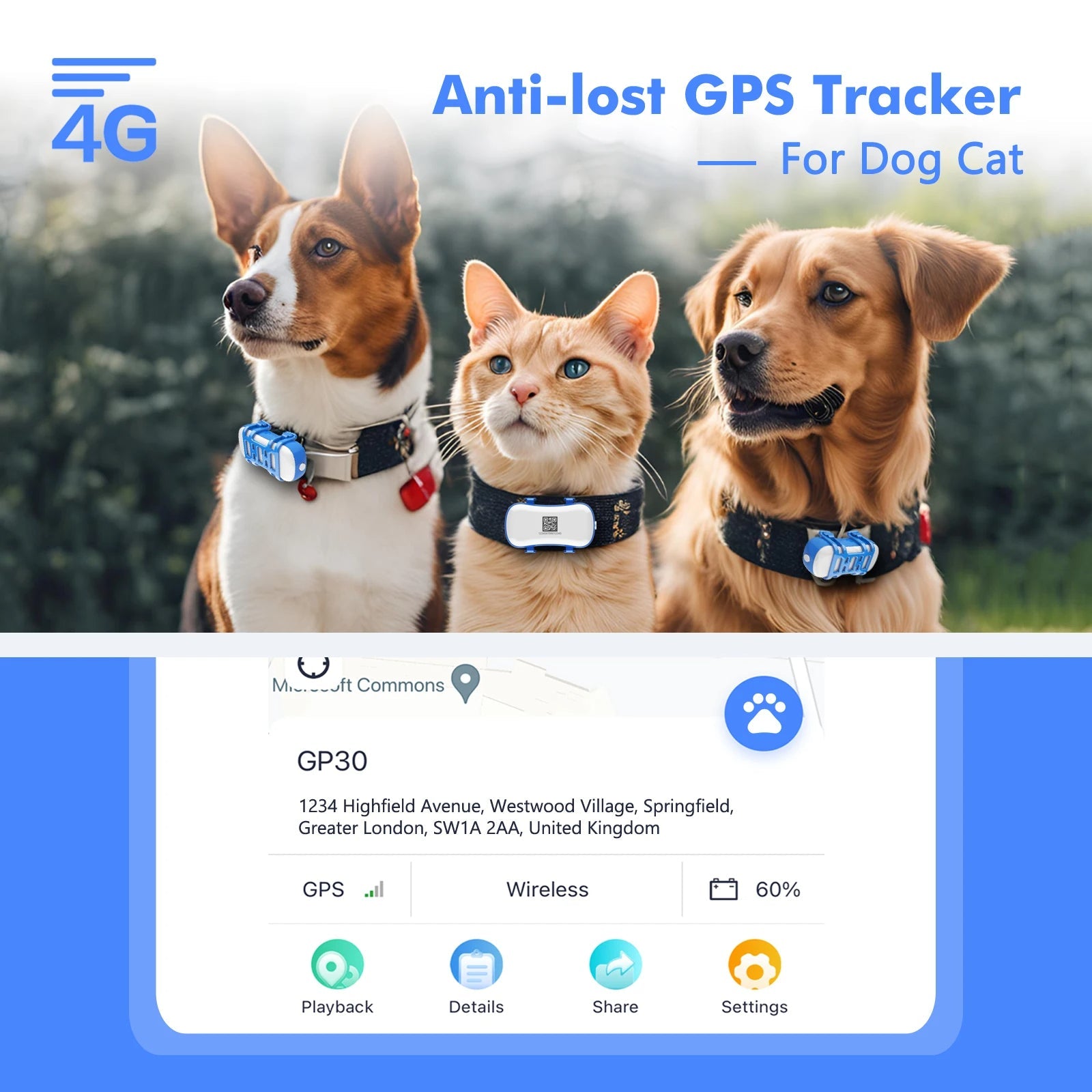 Traceur Intelligent pour Animaux de Compagnie – Localisateur GPS Étanche avec Lumière et Son pour Chiens et Chats