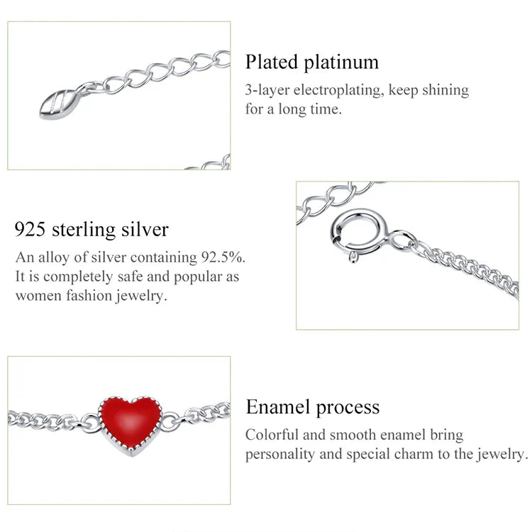 Bracelet ajustable en argent sterling 925 avec charme en forme de cœur rouge