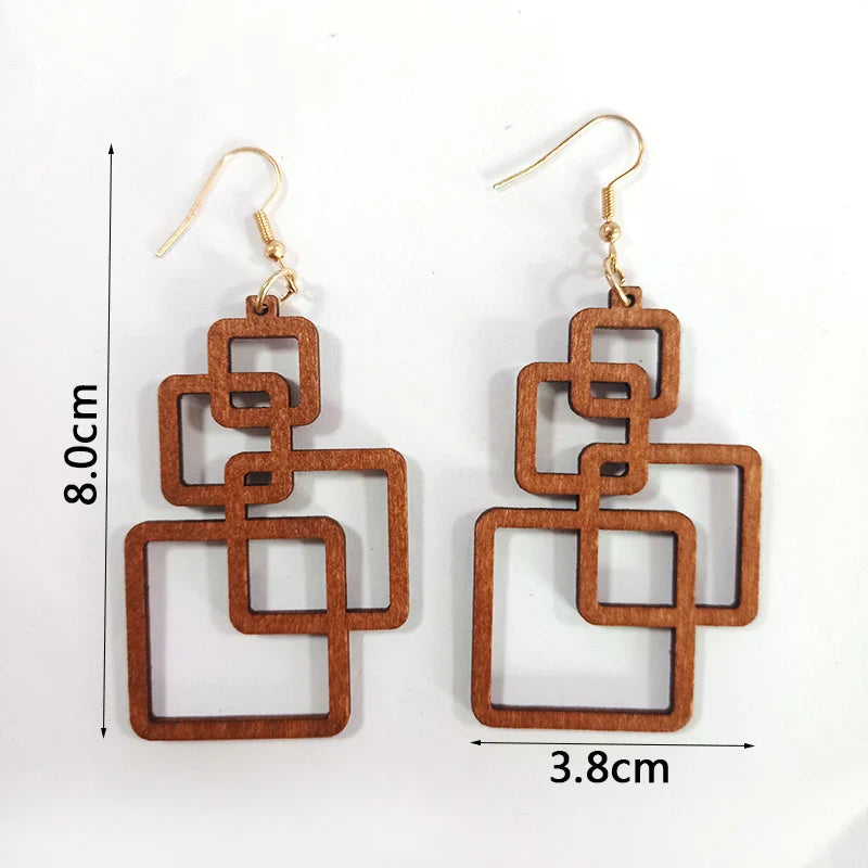Boucles d'oreilles en bois en forme de goutte carrée
