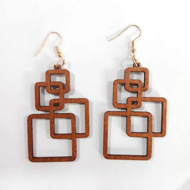 Boucles d'oreilles en bois en forme de goutte carrée
