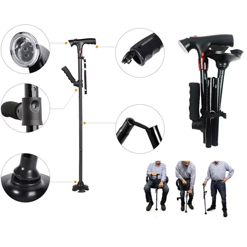 Bâton de Marche Pliable avec Éclairage LED - Sûr & Compact