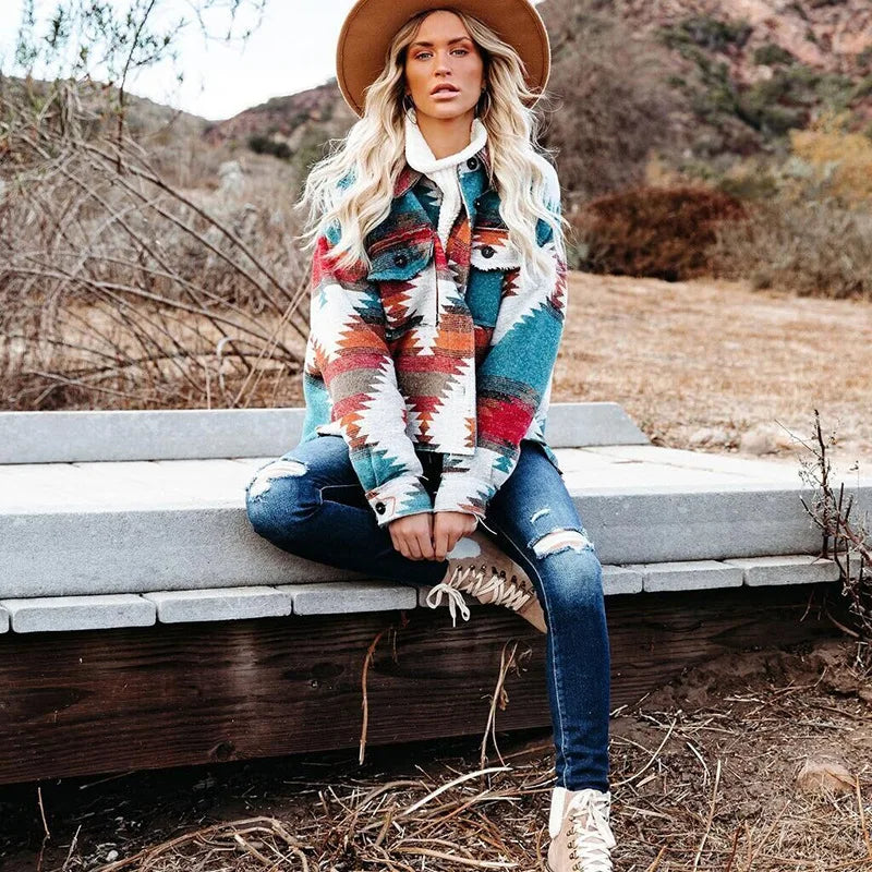 Veste en Jean Vintage Aztec avec Col – Doublée en Laine, Coupe Ample, Manches Longues pour un Style Streetwear Tendance