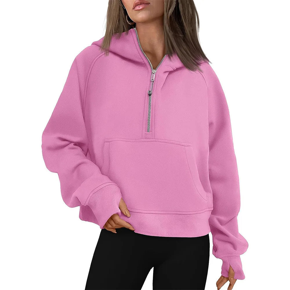Sweat à Capuche Fleece à Demi-Zip – Pull Élégant pour Femmes pour des Tenues Confortables d'Automne/Hiver et des Couches de Streetwear