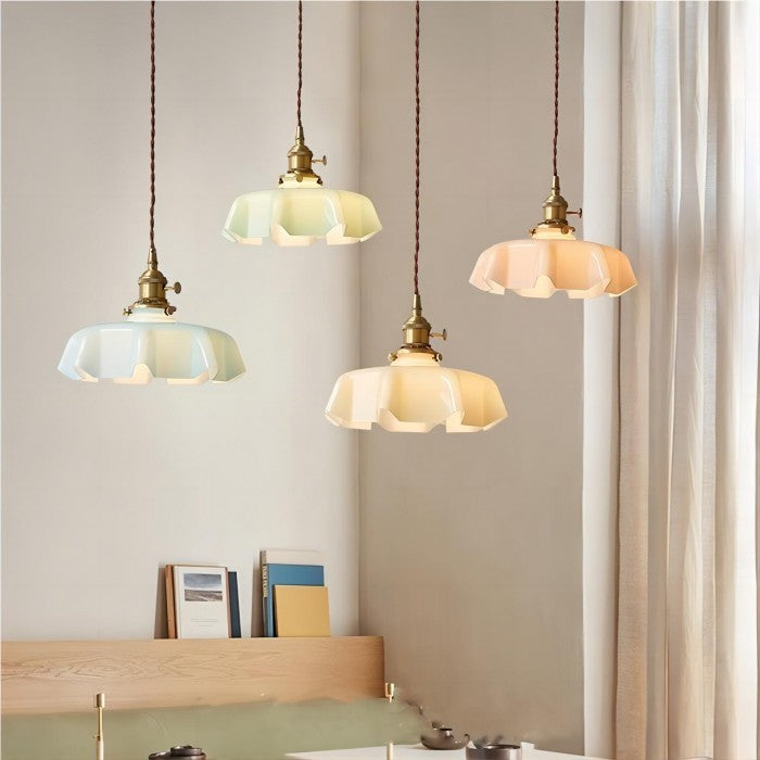 Suspension en Verre Retro en Forme de Fleurs - Lampe Suspendue Crème pour Décor de Salon et de Salle à Manger