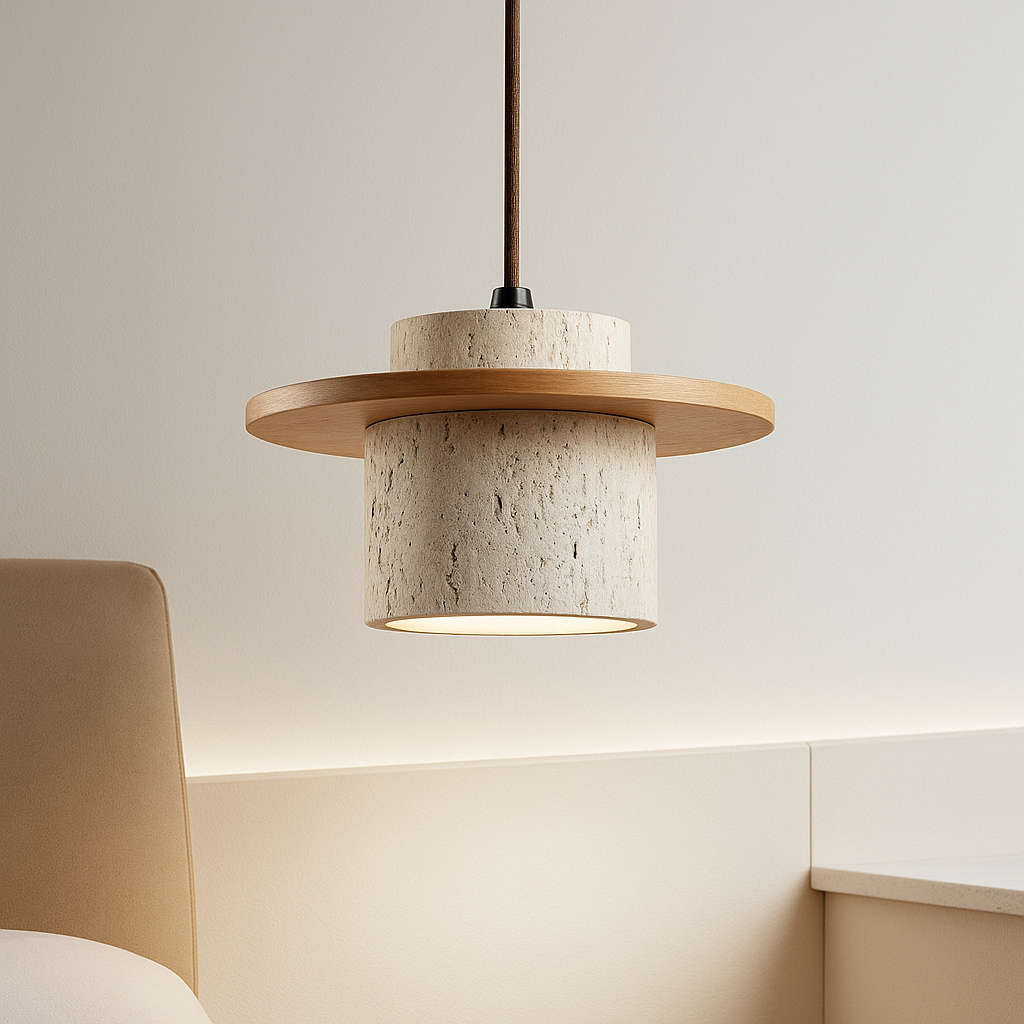 Suspension – Travertin & Bois | Style Rétro | Compatible LED
