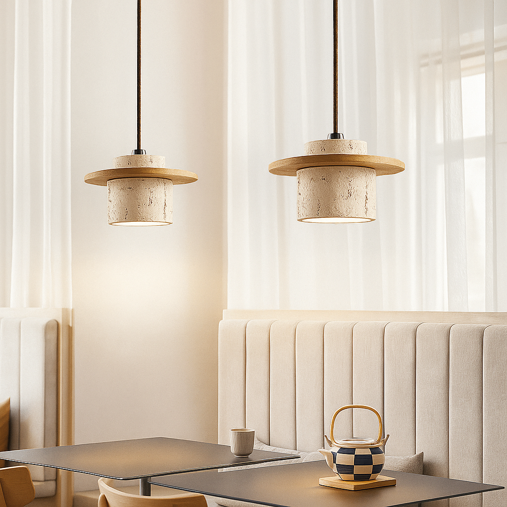 Suspension – Travertin & Bois | Style Rétro | Compatible LED