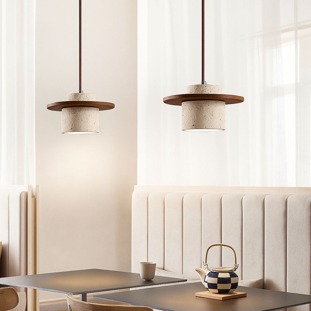 Suspension – Travertin & Bois | Style Rétro | Compatible LED