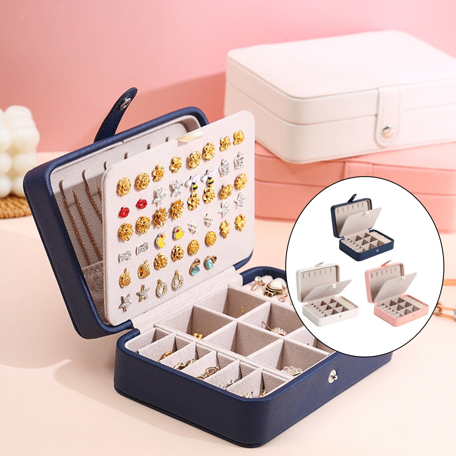 Boîte à bijoux en cuir avec couvercle rabattable