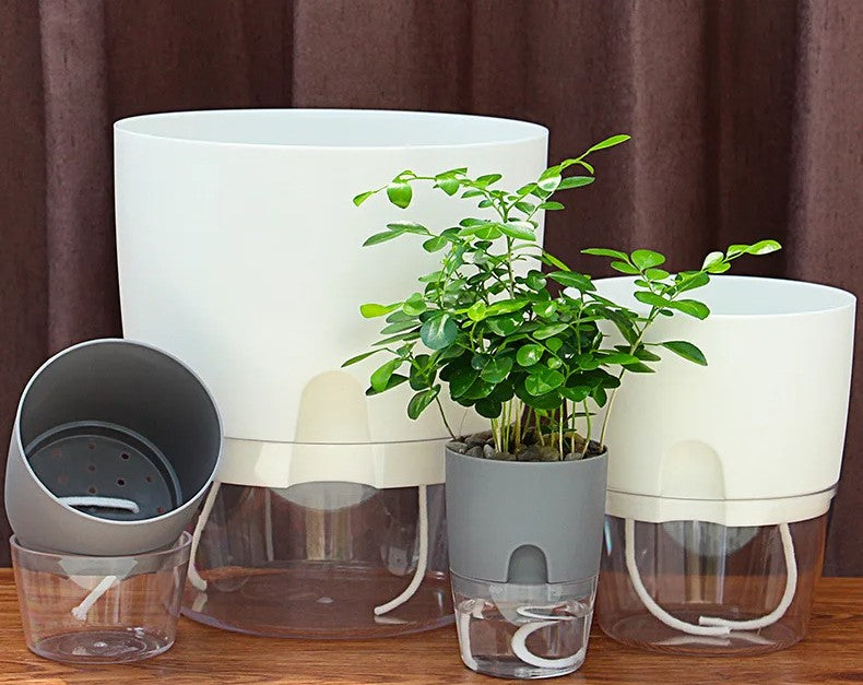 Vase Transparent Auto-arrosant – Pot de Fleurs à Double Couche avec Système d'Irrigation en Corde de Coton